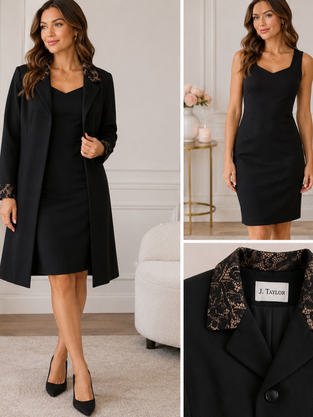 J Taylor elegant Black Midi Sheath Dress with Coordinating Trench